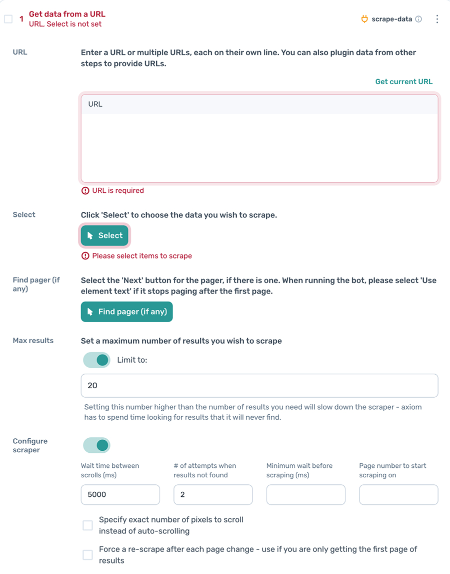 axiom.ai scrape data with get data from current url step