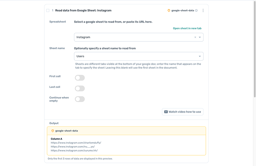 Read data from Google Sheet to automate Instagram