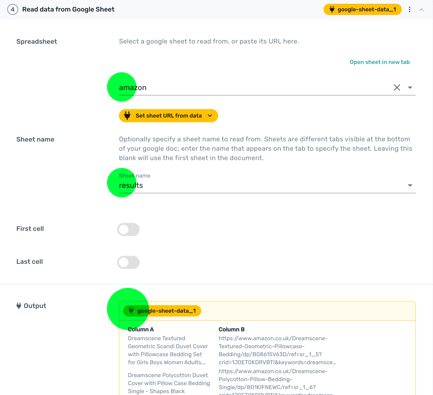 Reading Amazon product data from a Google Sheet in Axom.ai