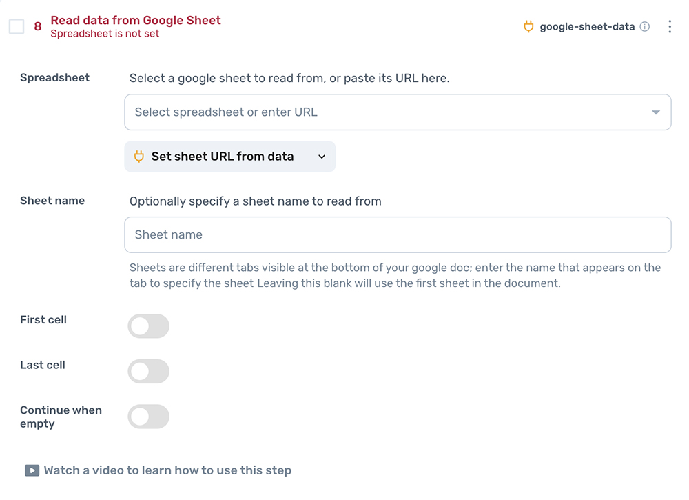 axiom.ai read data from google sheet step