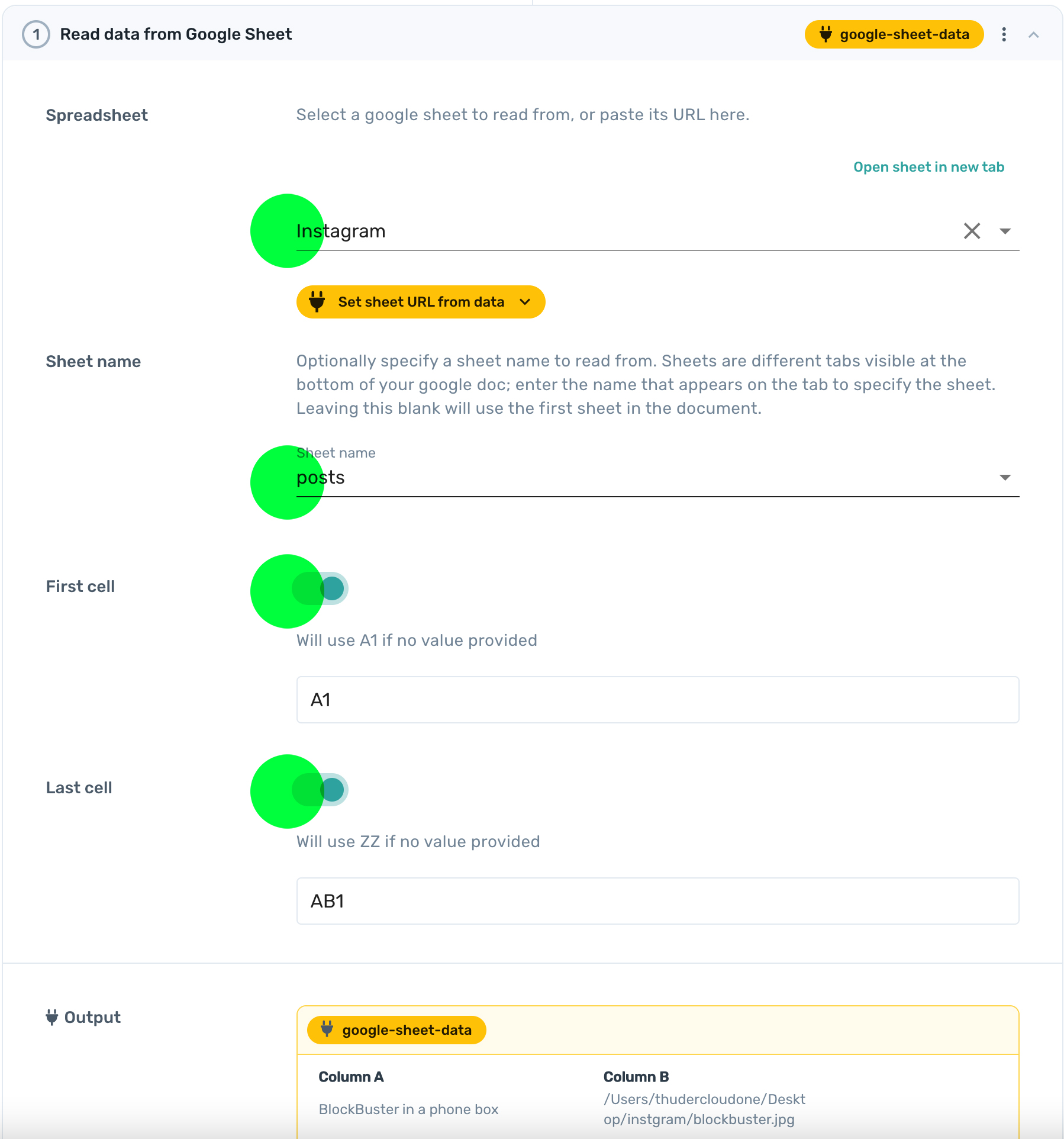 Set up Axiom.ai to read data from Google Sheets