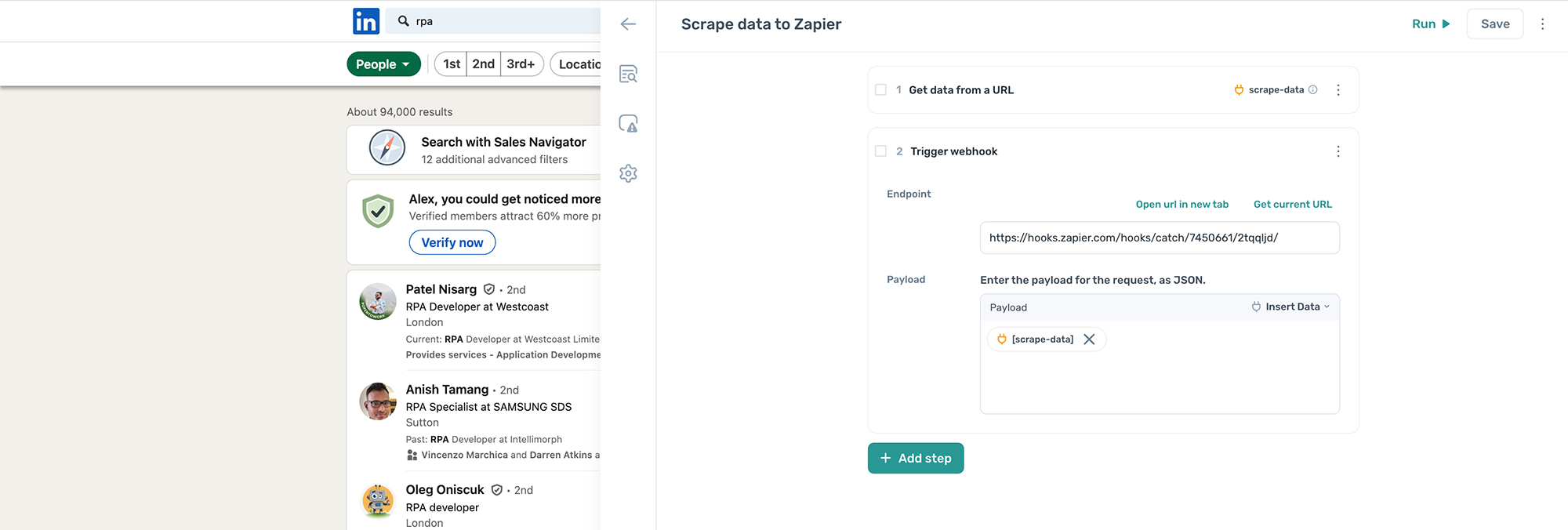 Configure the trigger webhook step and post scraped data to Zapier