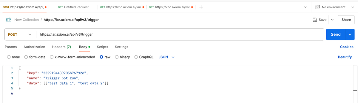 using postman api request to trigger axiom.ai bot run