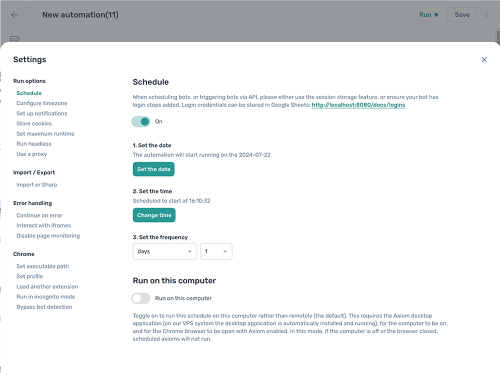 schedule settings axiom.ai