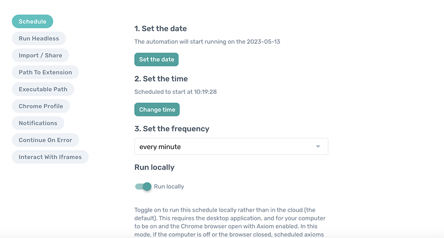 Axiom.ai schedule evey minute on th desktop